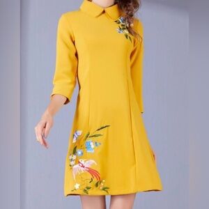 60s Mod Style Retro Embroidered Dress Peter Pan Collar